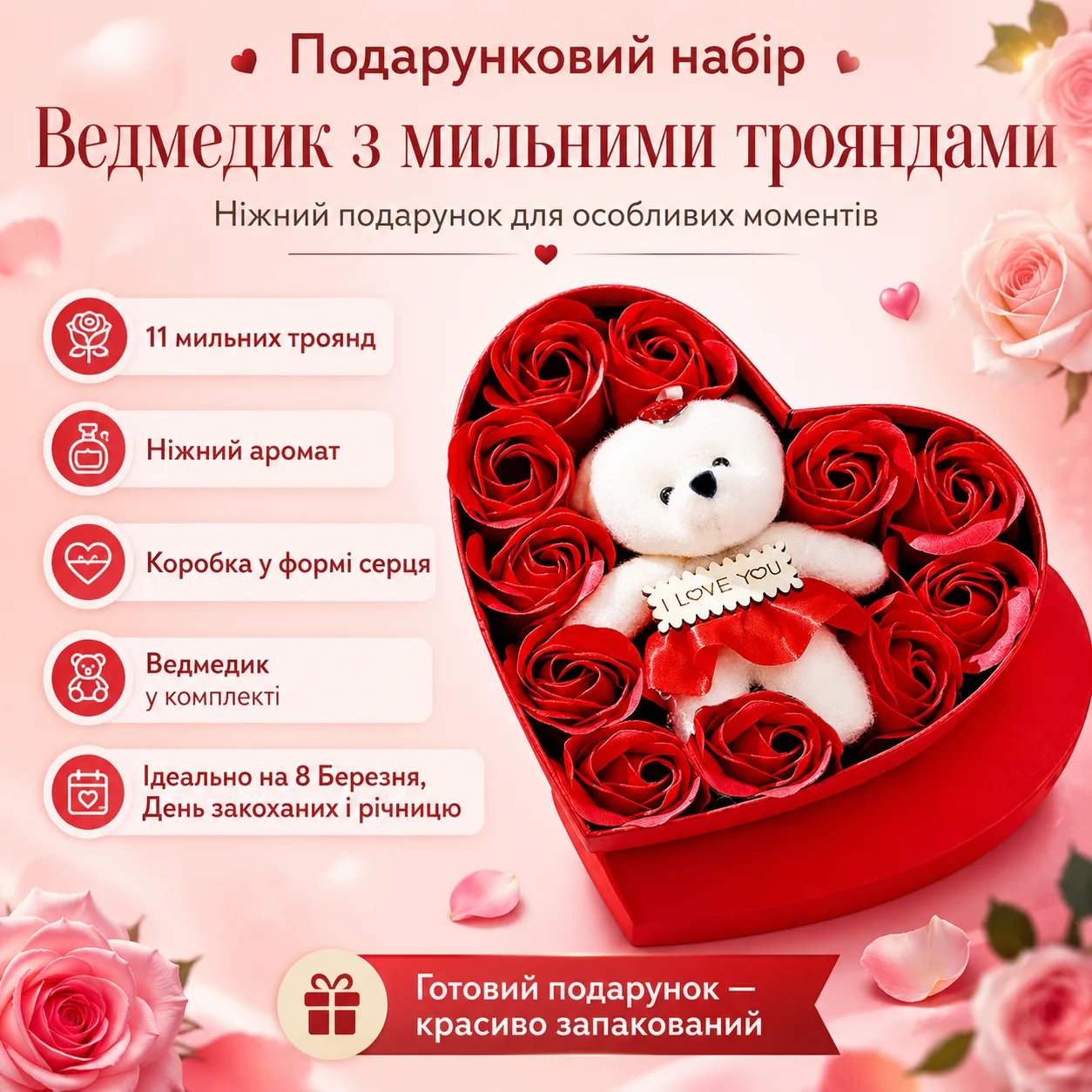 Подарочный набор "Мишка с мыльными розами" в форме сердца, красный