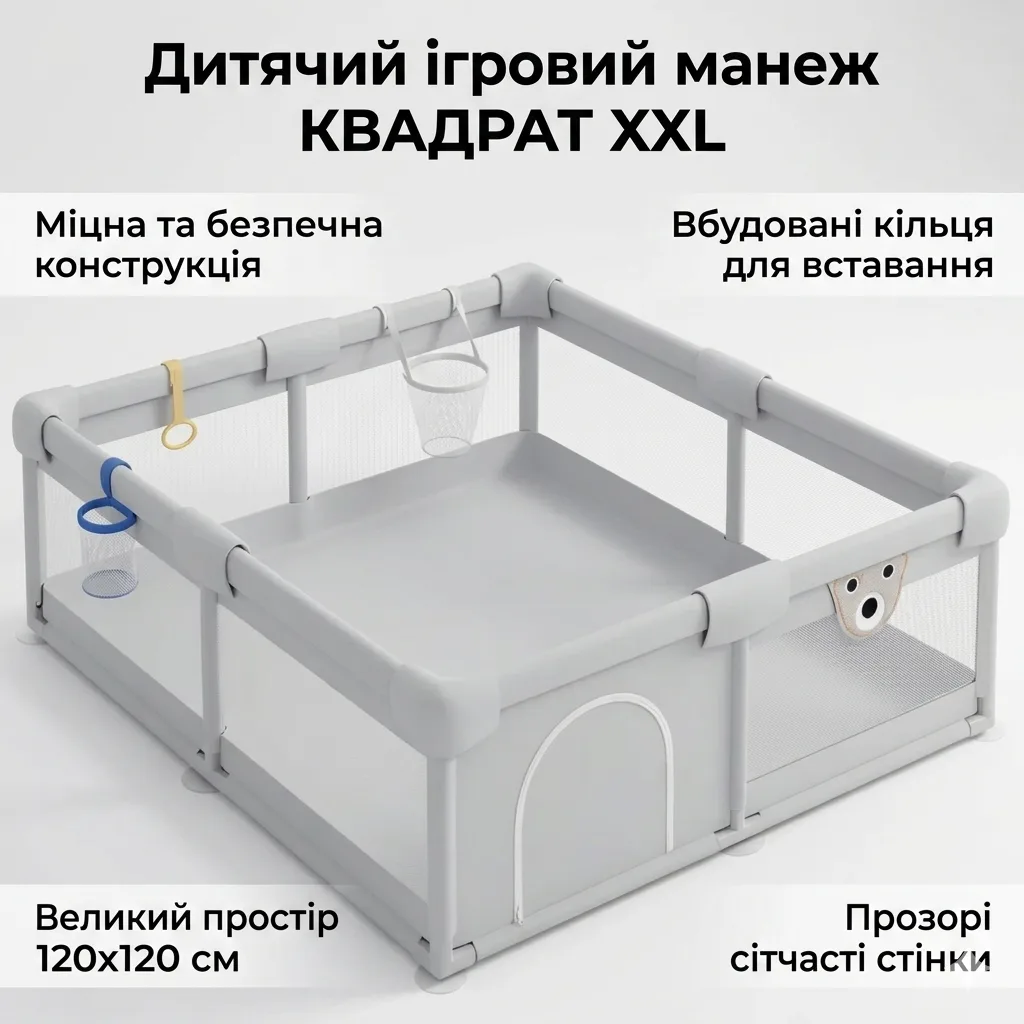 Детский игровой манеж 120x120x65 см, с кольцами-держателями и сетчатыми стенками