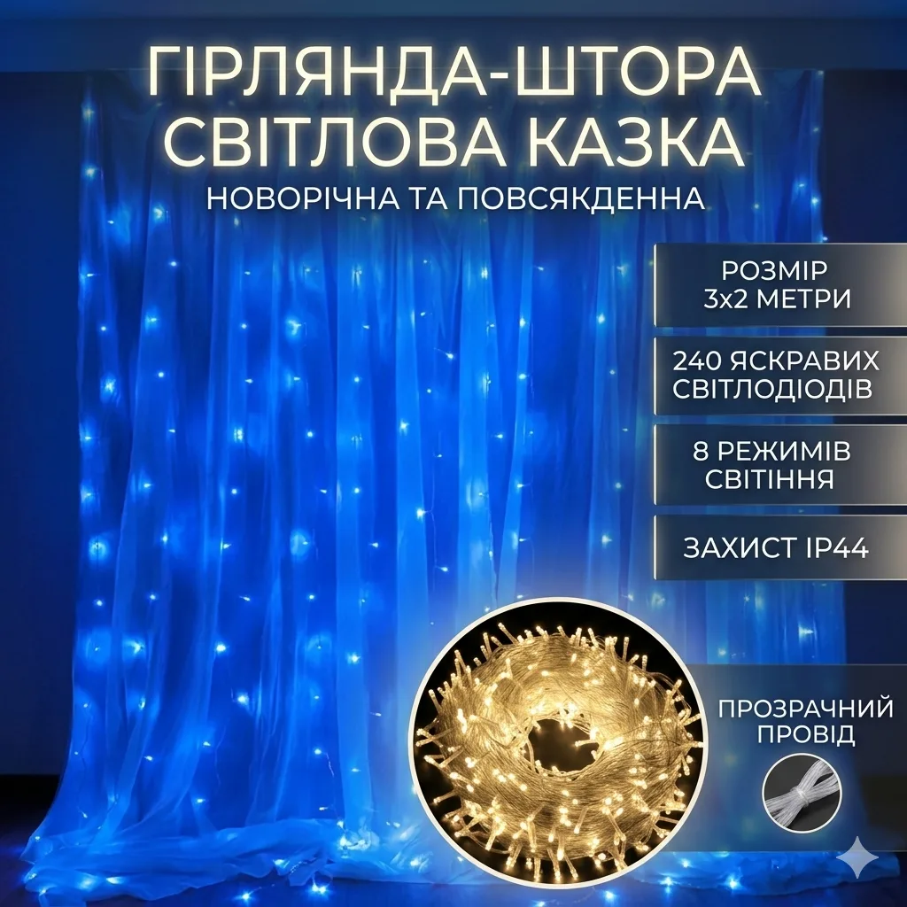 Гирлянда-штора 3х2 м на прозрачном проводе от сети, синяя