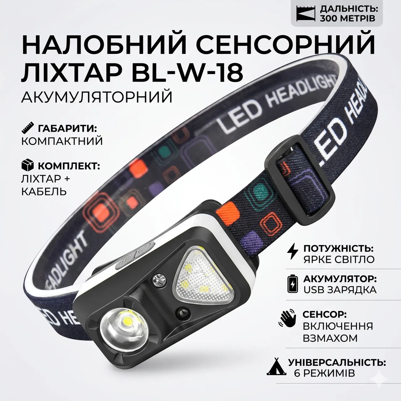 Фонарик налобный аккумуляторный BL-W-18, сенсорный, черный
