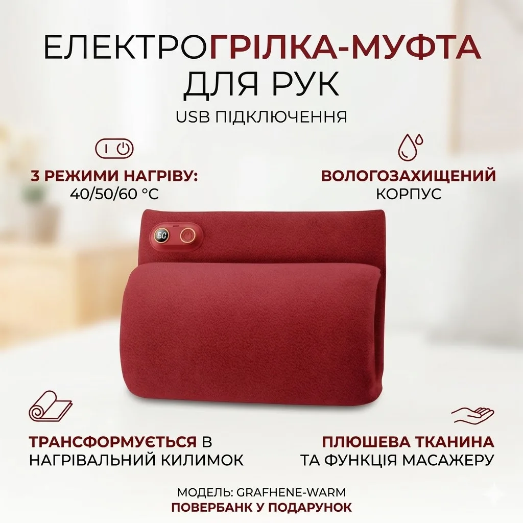 Грелка-муфта для рук USB, 3 режима нагрева, до 60°C