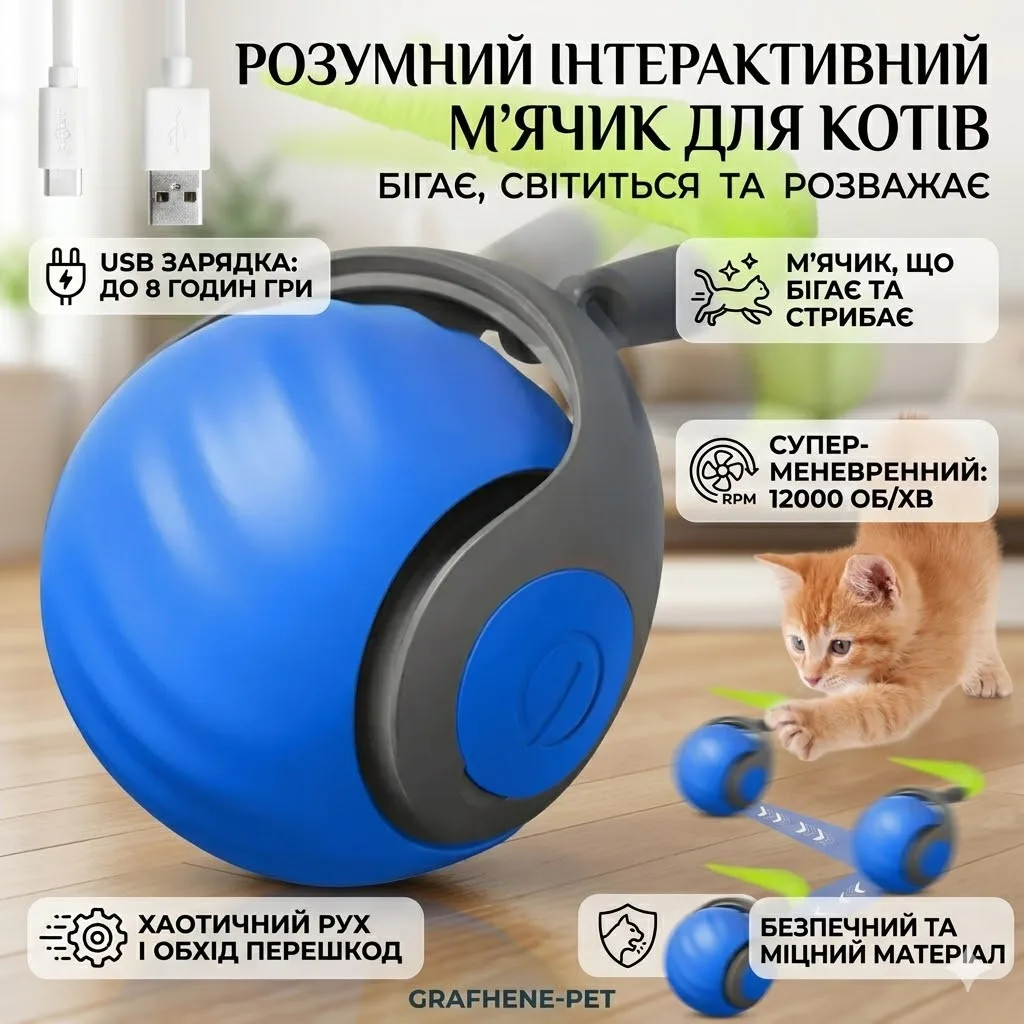 Интерактивный мячик для кота с подсветкой, USB, 5,5 см, синий