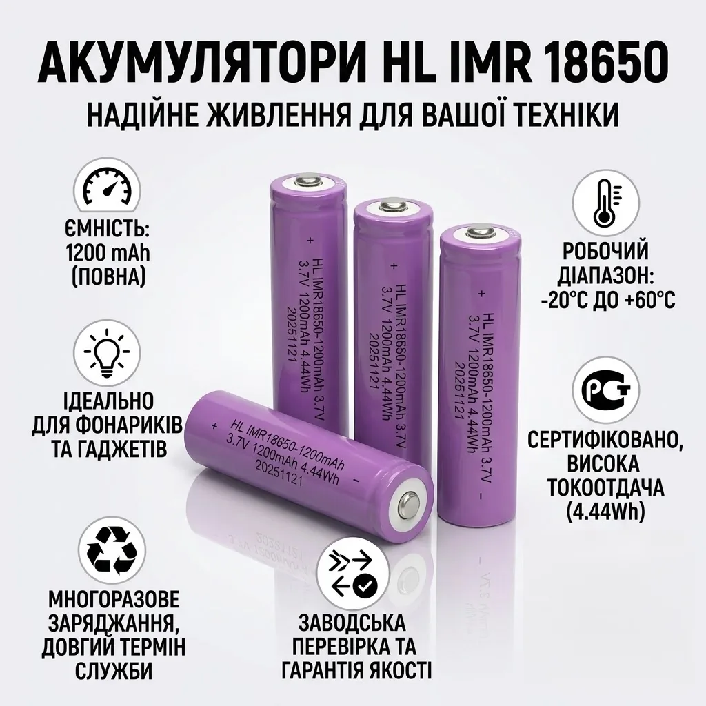 Акумулятор 18650 Li-ion IMR HL, 1200 mAh, 3.7V, перезаряджуваний