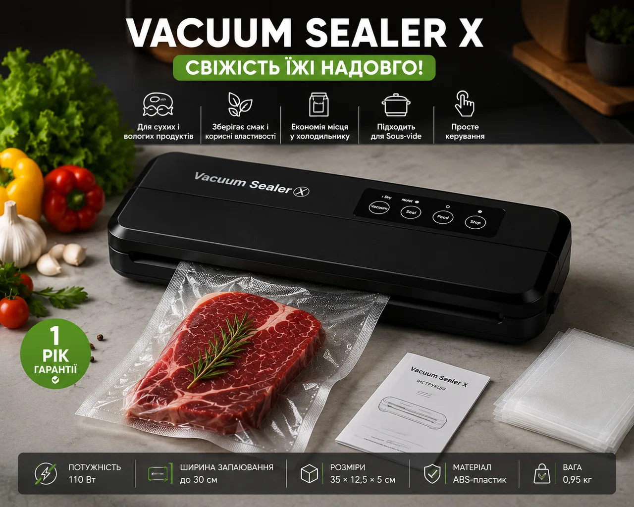 Вакууматор бытовой Vacuum Sealer X Pro 110W 60 кПа, автоматический, + 10 пакетов 10x25 см