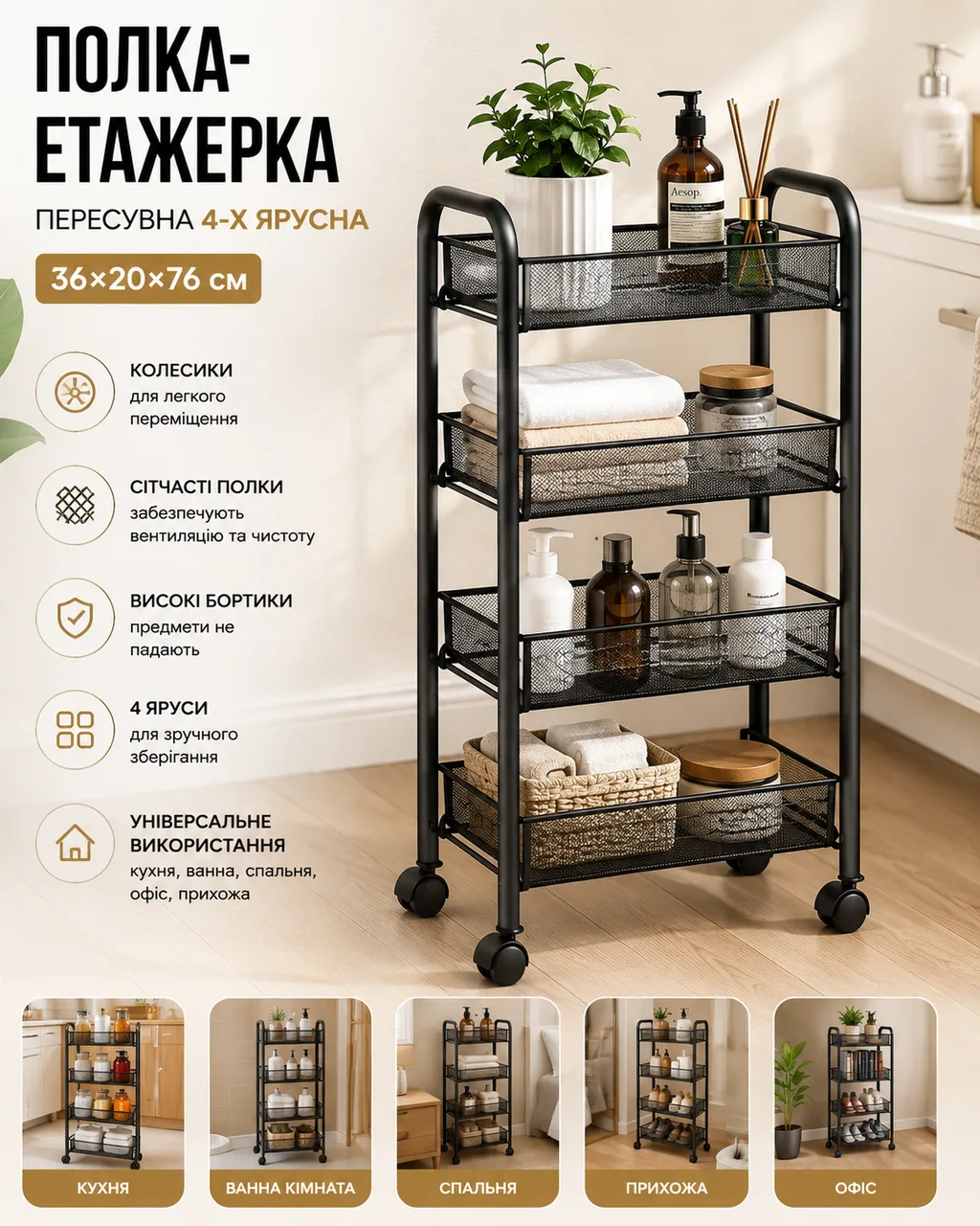 Етажерка-стелаж Fan Fan 64204, 4-ярусна, на колесах, 36×20×76 см
