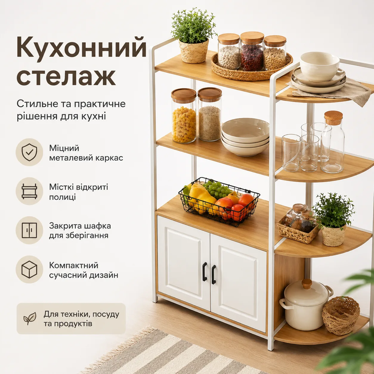 Кухонний стелаж з відкритими полицями та шафкою, 120х40 см, білий