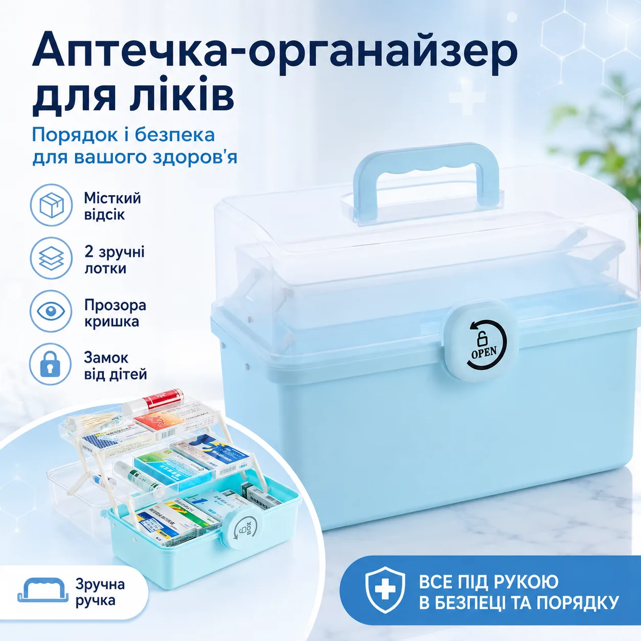 Аптечка-органайзер для ліків, 37х23х26 см, голубий