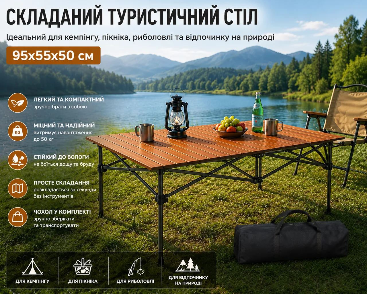 Стіл складаний прямокутний для пікніка 95x55x50 см, у чохлі, коричневий DSL-8-Brown