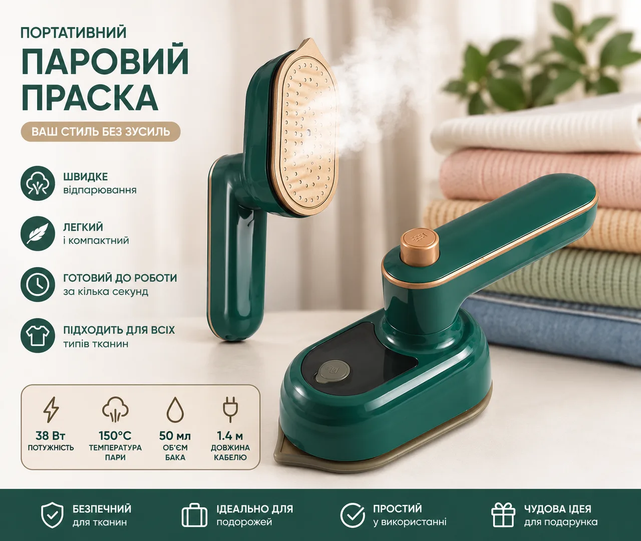 Праска парова вертикальна портативна, міні-відпарювач для одягу