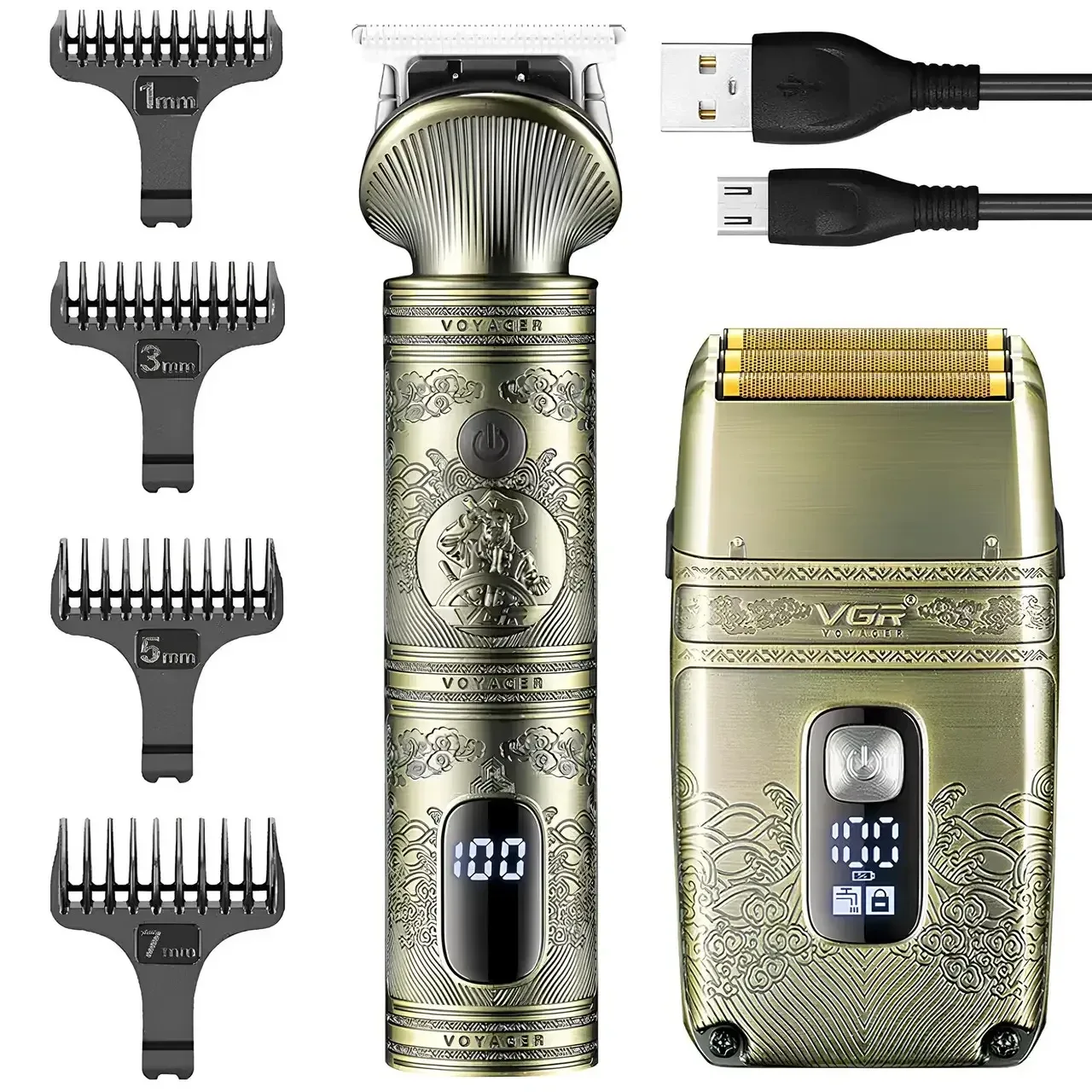 Машинка для стрижки волос и бороды VGR V-649, золотистая, 4 насадки, USB
