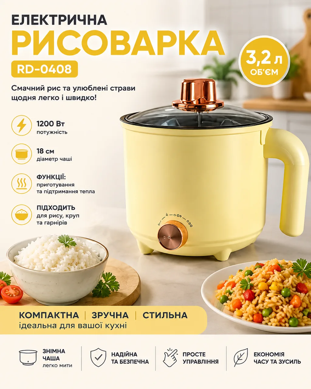 Рисоварка электрическая RD-0408, 18 см, 3,2 л, 1200 Вт, светло-жёлтая