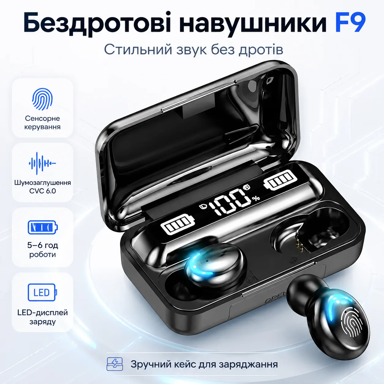 Навушники бездротові F9 Bluetooth із зарядним кейсом і дисплеєм, чорні