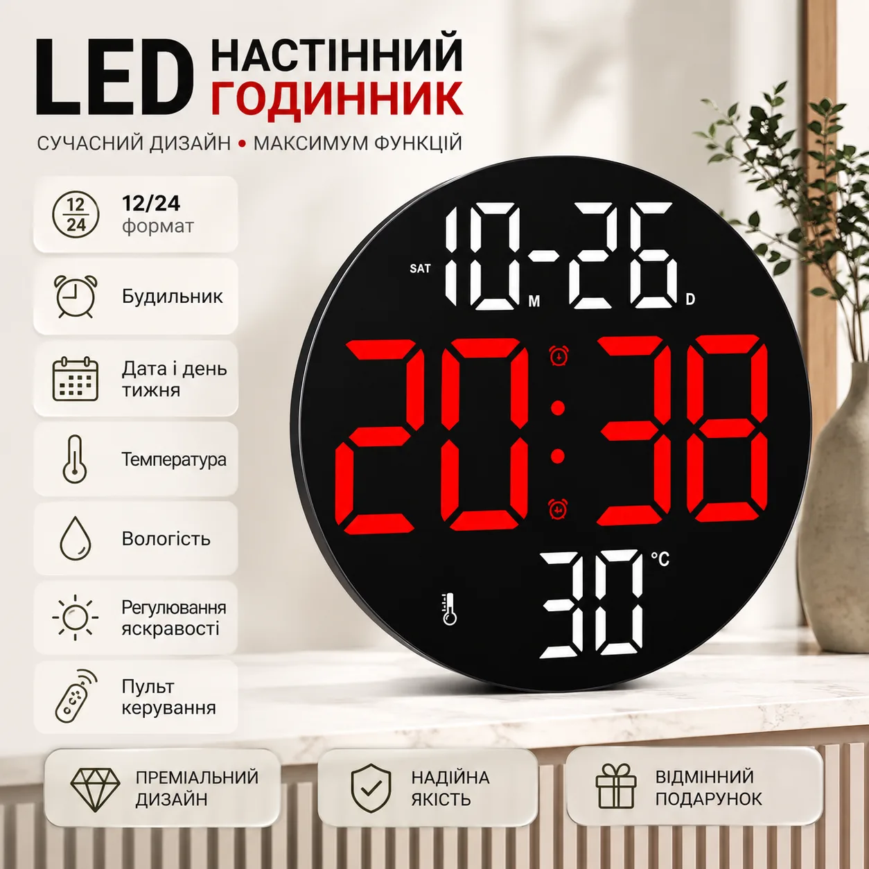 Часы настенные цифровые LED SM-602 с будильником, пультом, датой, температурой, влажностью