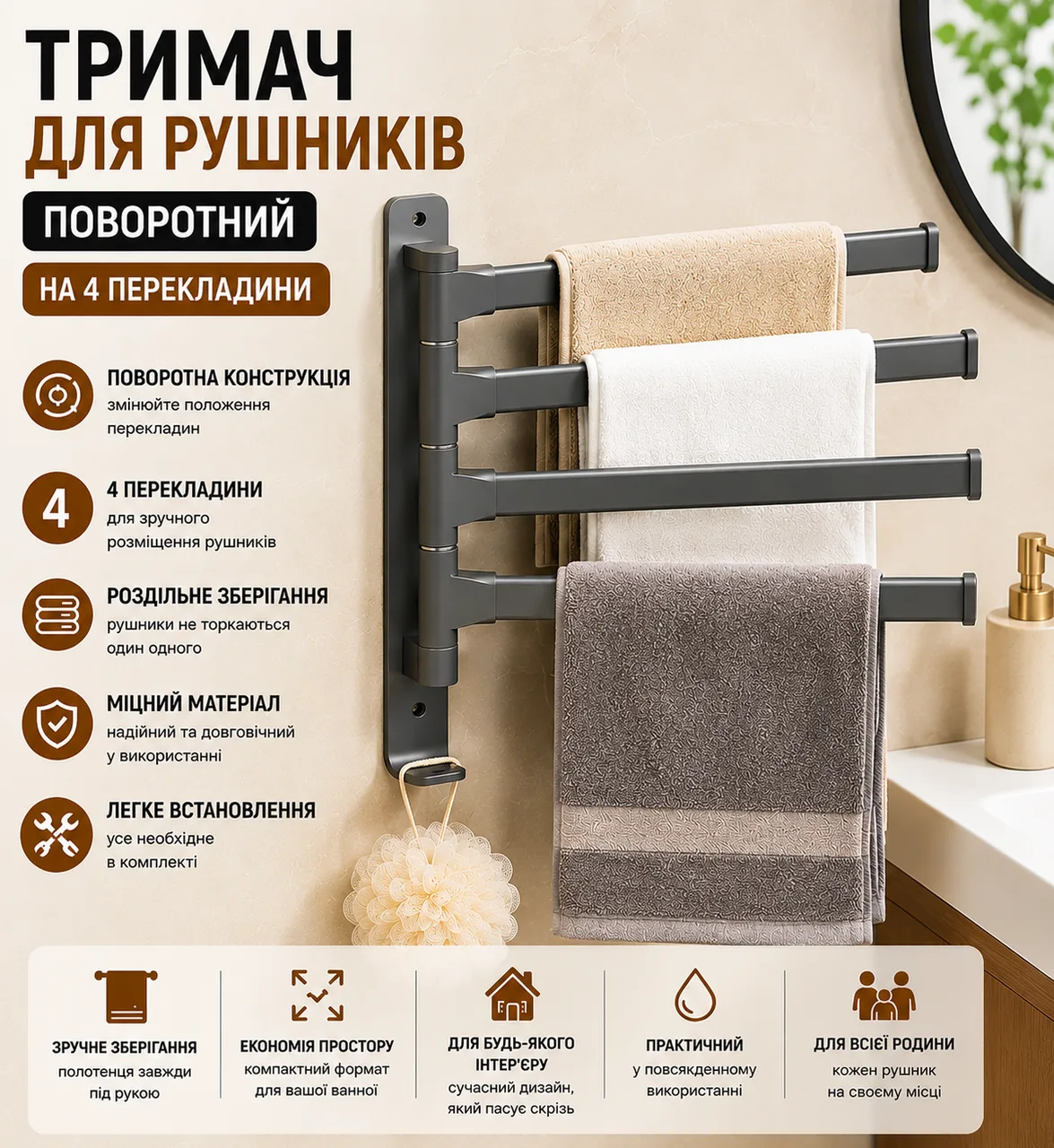 Поворотний тримач для рушників на 4 перекладини