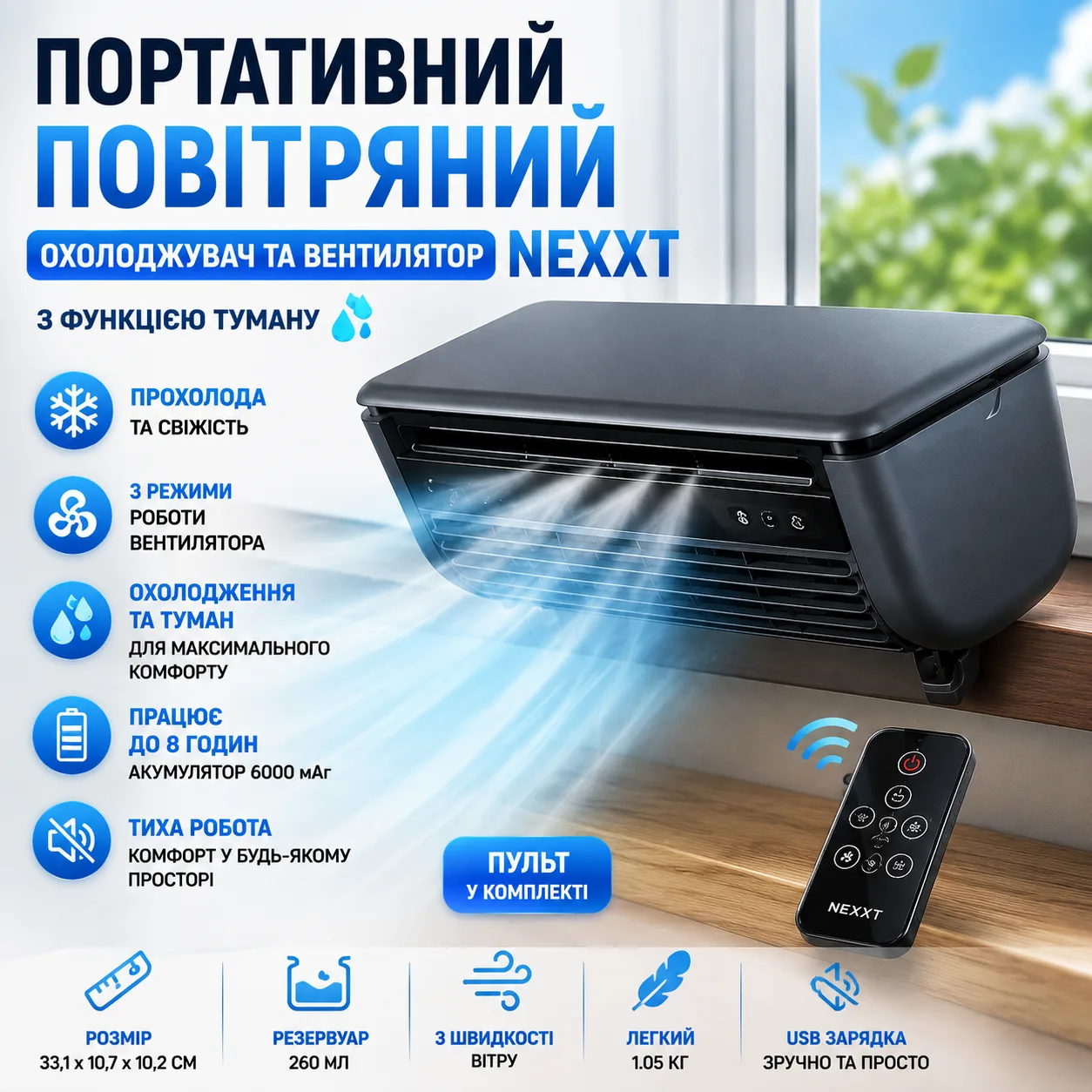 Кондиціонер портативний і вентилятор з розпиленням пари