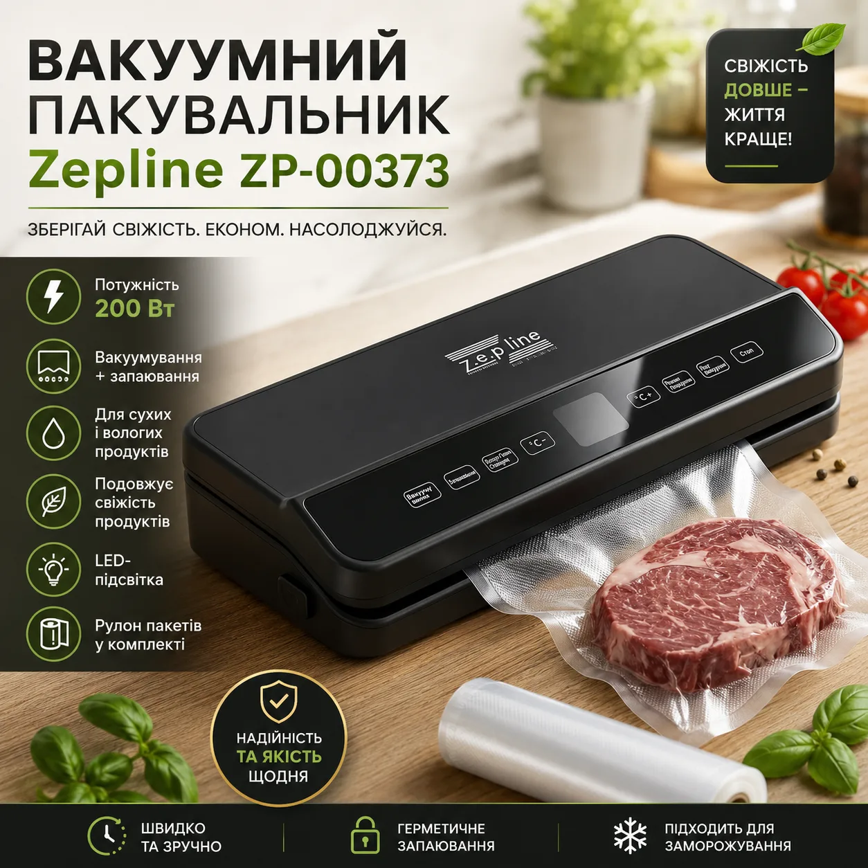Вакуумный упаковщик для продуктов 200 Вт с LED-подсветкой и рулоном пакетов, Zepline ZP-00373