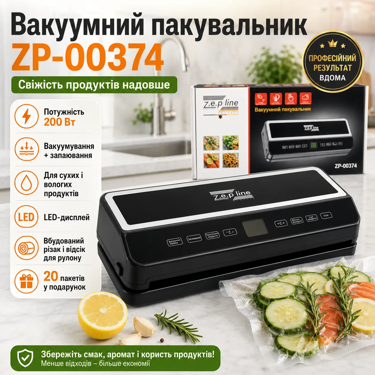 Вакууматор 35 см с рулоном пакетов, LED, 200 Вт, ZP-00374, черный, с резаком для сухих и влажных продуктов