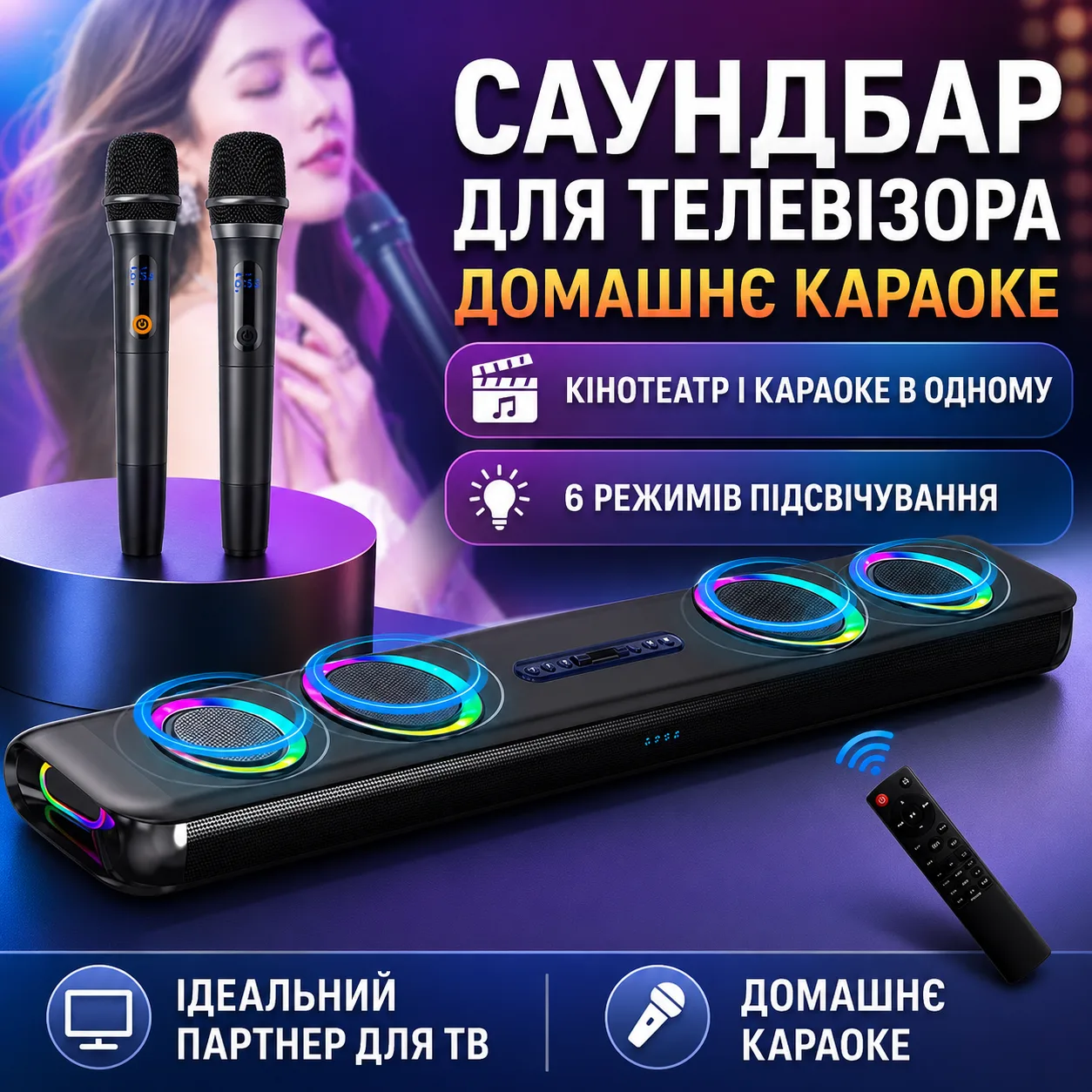 Саундбар Newsmy G68, 160 Вт, для телевізора, Bluetooth, HDMI, Dolby Digital, сабвуфер, підтримка мікрофона