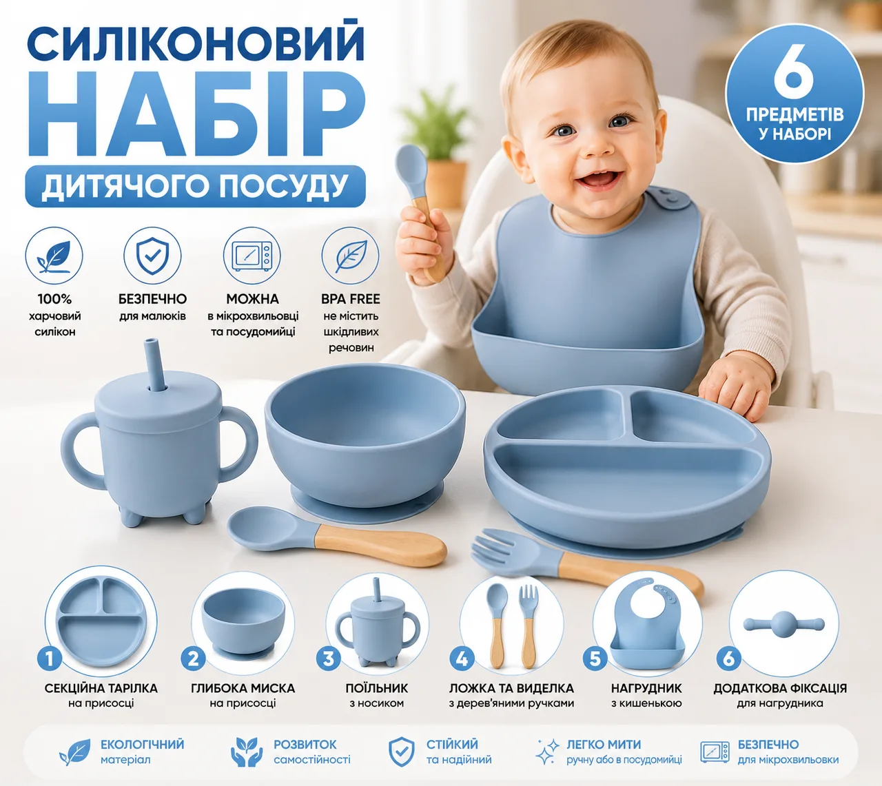 Набір дитячого посуду з 6 предметів, блакитний 26X-34