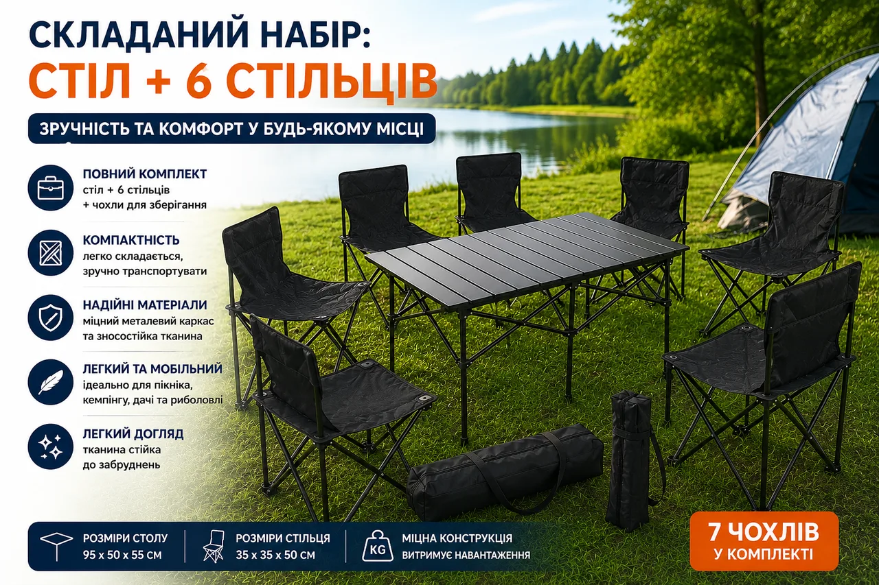 Кемпинговый комплект мебели: стол + 6 стульев