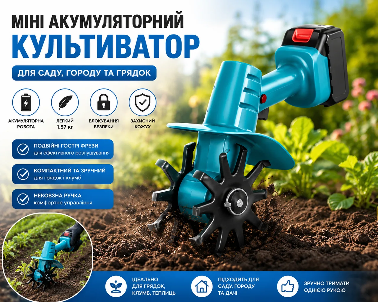 Культиватор мини аккумуляторный синий, с двойными фрезами, защитным кожухом и блокировкой безопасности