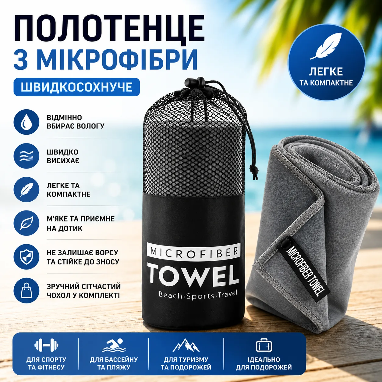 Рушник швидковисихаючий з мікрофібри, 26X-24, у чохлі