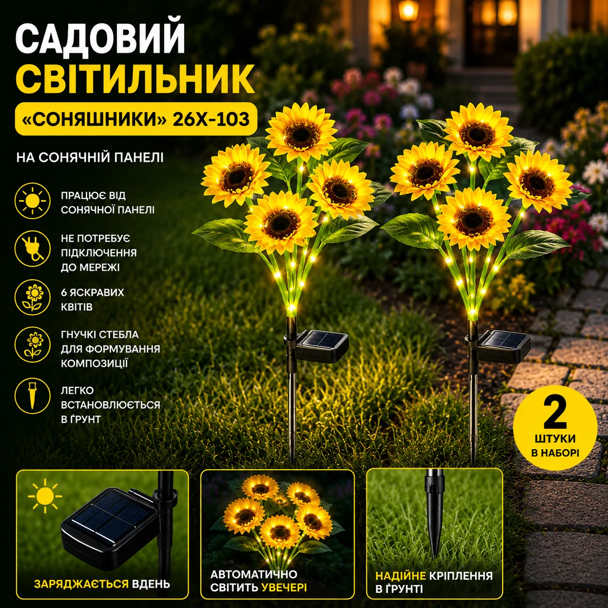 Garden Light "Sunflowers" 6 Flowers Solar-Powered 26X-103 / Set of Garden Lanterns with LED Backlight, 2 pcs