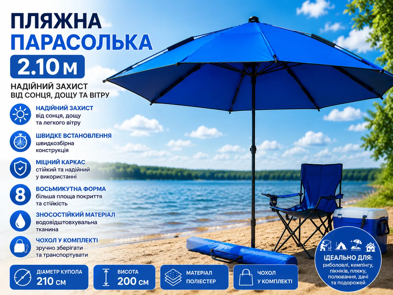 Пляжна парасолька діаметр 2.1м Синя з міцним каркасом Рибальська восьмикутна парасолька з зносостійкого матеріалу з чохлом