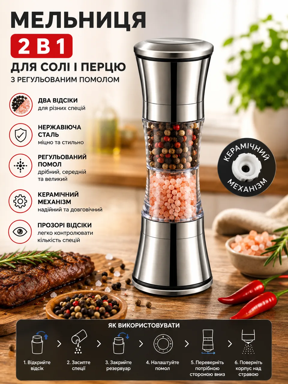 Мельниця для солі і перцю 2в1 з нержавіючої сталі / Подрібнювач для спецій з регульованим помолом