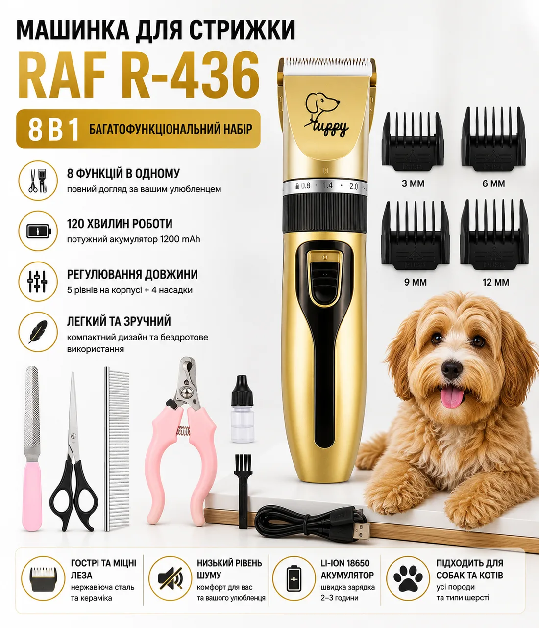 Rechargeable Pet Hair Clipper 8-in-1, Raf R-436 5W, Gold / Professional Grooming Set