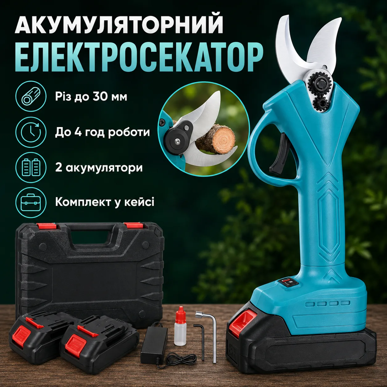Акумуляторний секатор садовий у кейсі AN 40-1 + 2 АКБ, Синій / Електросекатор / Акумуляторні садові ножиці