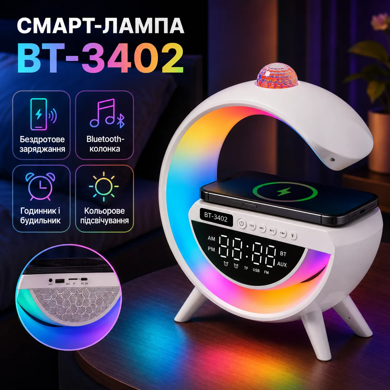 Настільна RGB лампа з колонкою, диско-кулею та бездротовим заряджанням, BT 3402, Біла / Умна лампа нічник / Смарт лампа