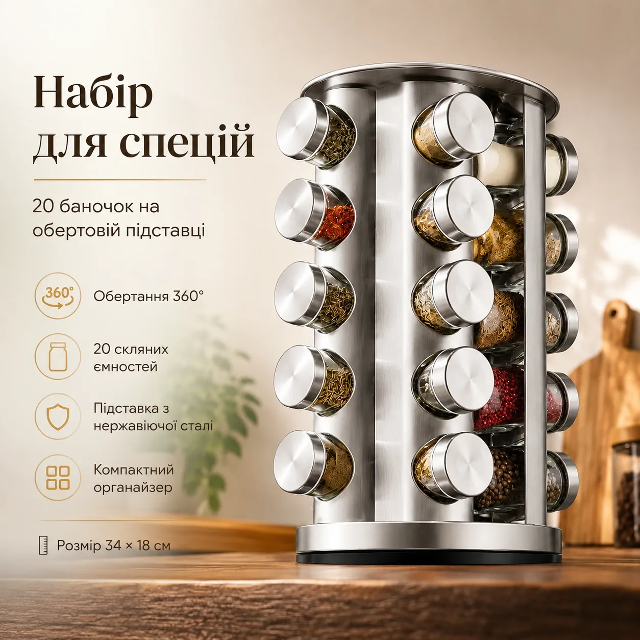 Набір для спецій і приправ 20 баночок (34х18см), Срібний / Поворотний органайзер для спецій / Баночки для приправ