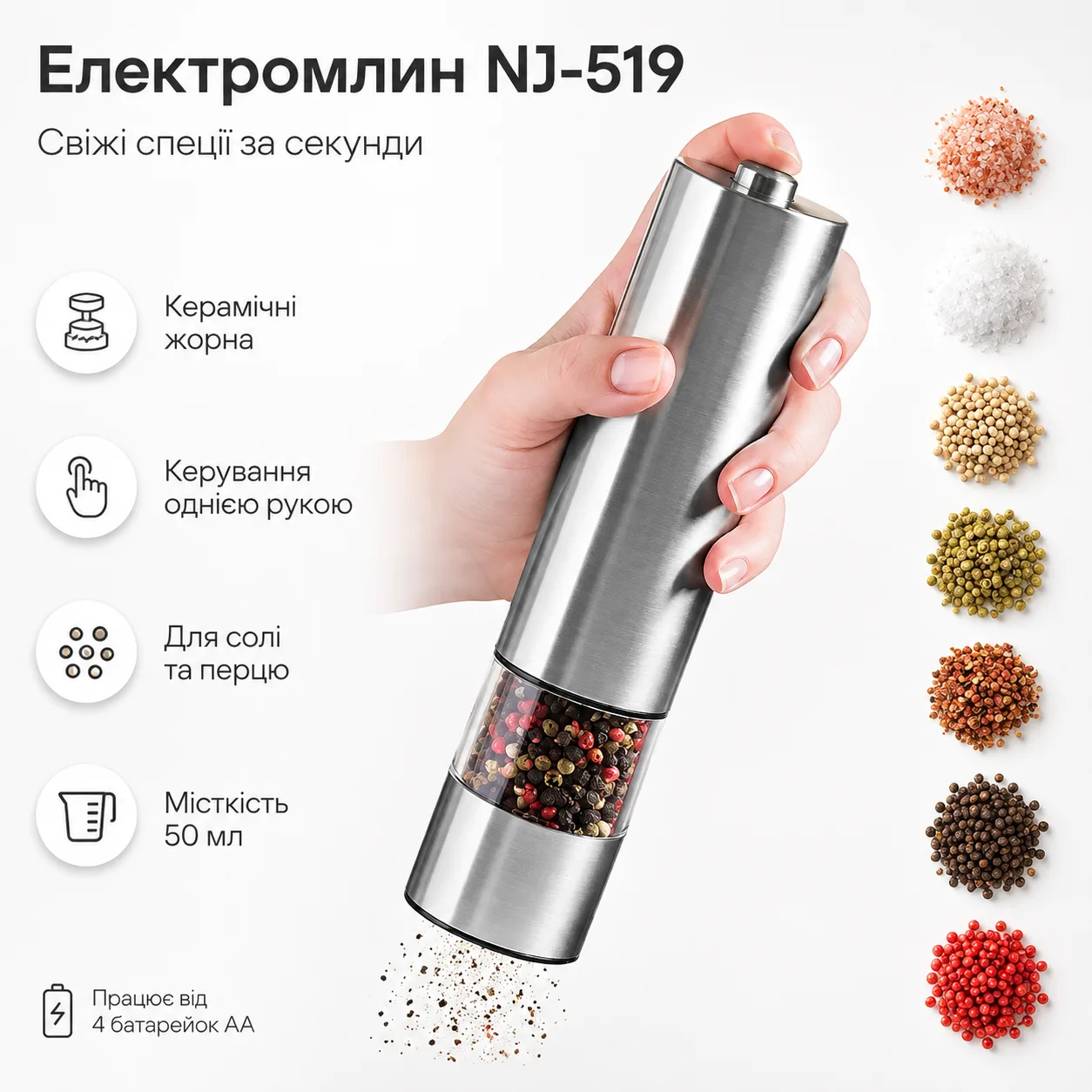 Мельниця для спецій електрична NJ-519, Сірий / Електромельниця для солі та перцю / Мельниця на батарейках