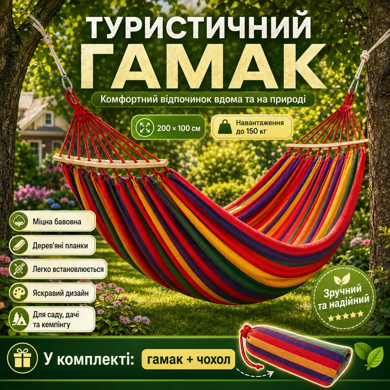 Підвісний гамак з дерев'яною планкою 200х100 см, до 150 кг, Оранжевий / Гавайський гамак двомісний / Тканинний гамак