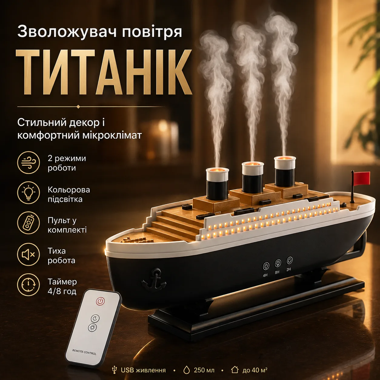 Зволожувач повітря Титанік 30см, 250мл, від USB, RGB / Зволожувач аромадифузор