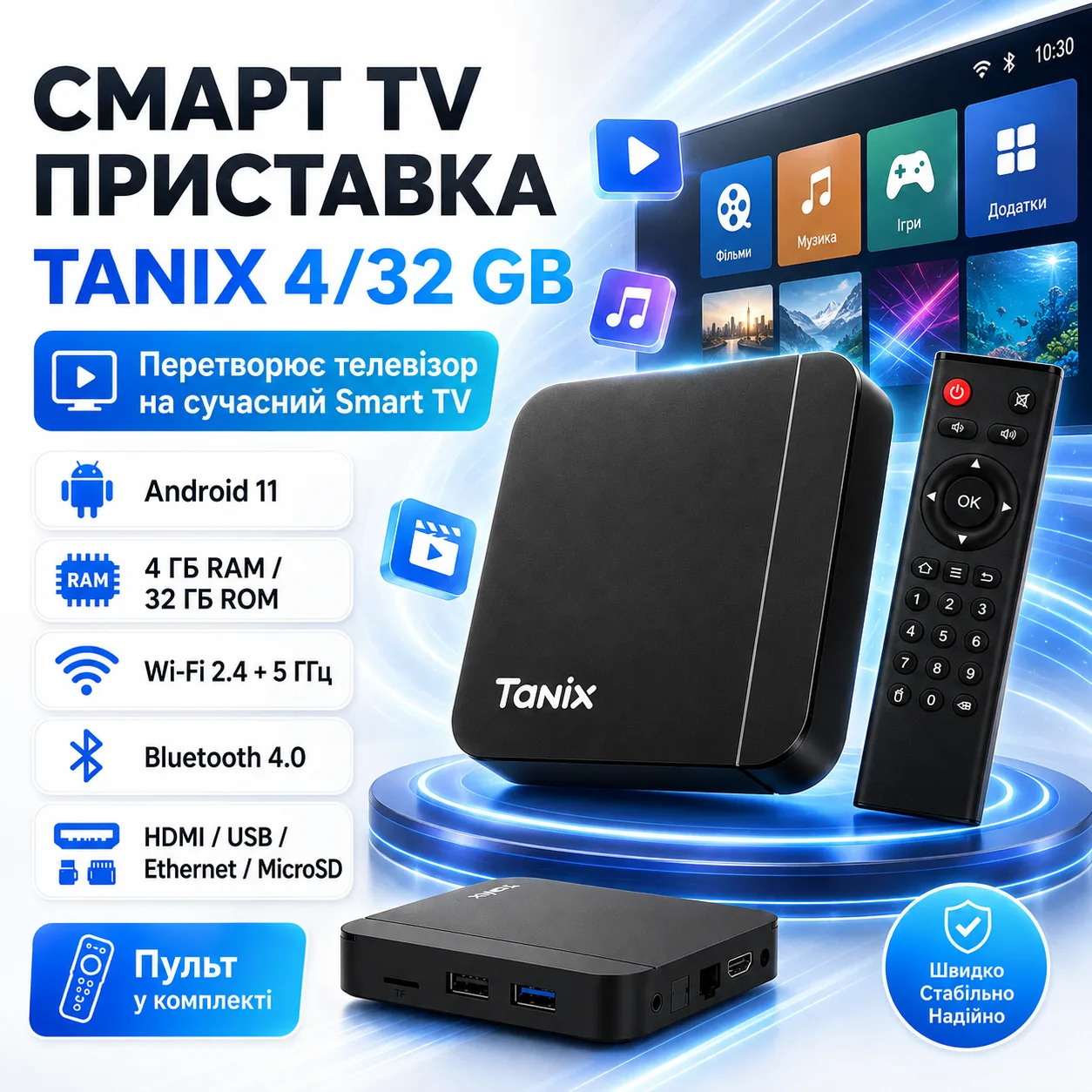 Смарт приставка Tanix, 4/32 ГБ, Чорний / ТВ приставка / Смарт бокс для телевізора / Андроїд тв / Смарт ТВ
