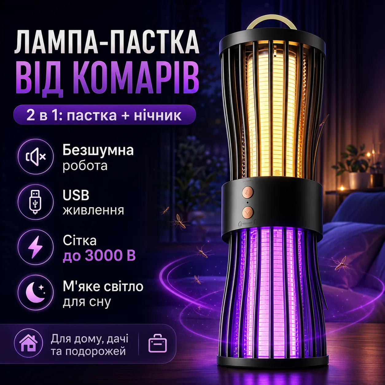 Лампа-пастка для комарів LY-936 USB безшумна з функцією нічника та електричною сіткою 3000 В, чорна