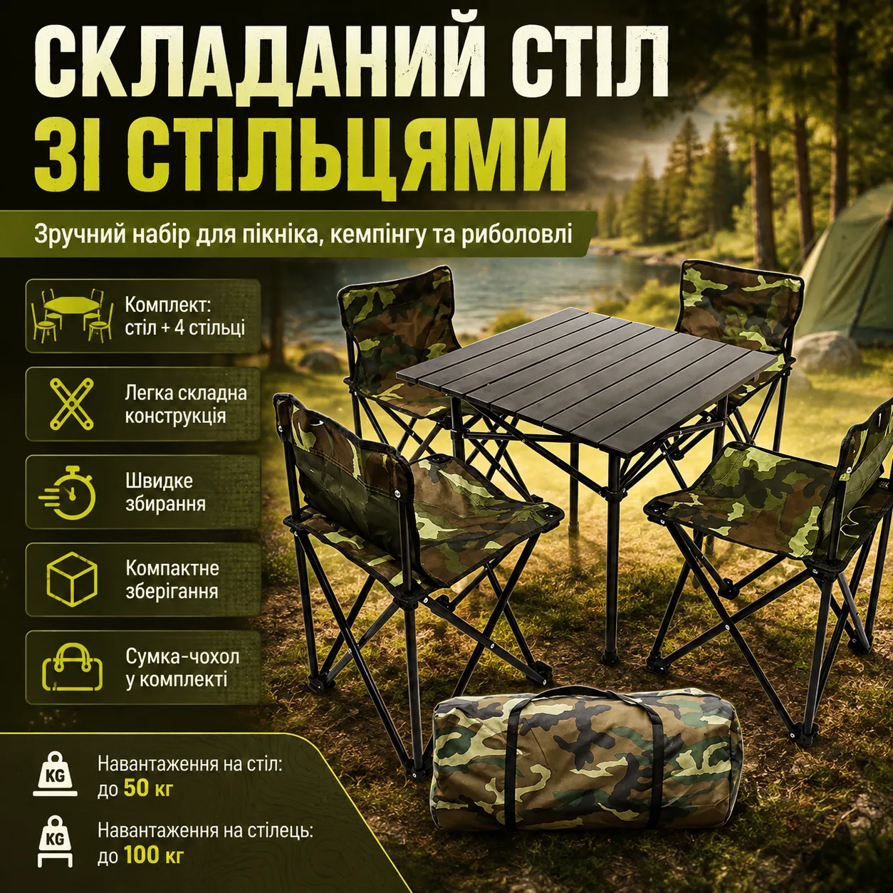 Складаний стіл для пікніка 53х53х50см + 4 стільці, Камуфляж / Стіл та стільці для пікніка / Туристичний столик складаний