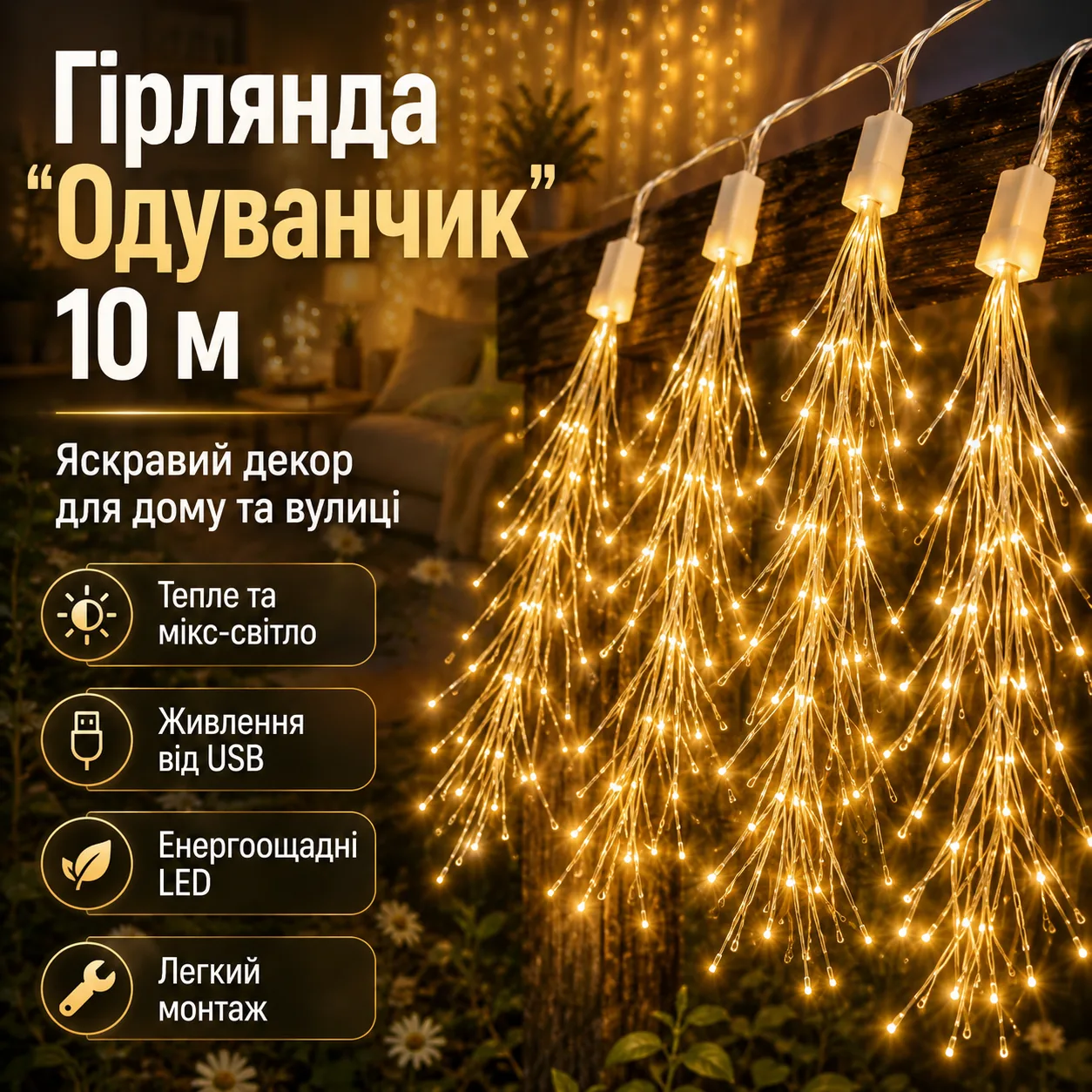 Кульбабка, 10 м, від USB, The lamp, Теплий та мікс / Гірлянда для декору / Світлодіодна гірлянда