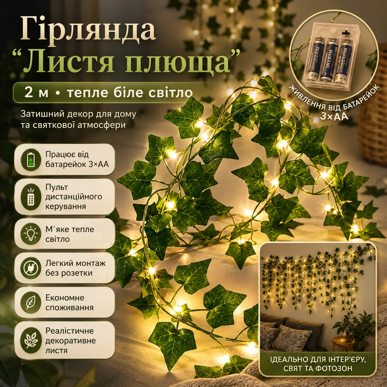 Гірлянда Листя плюща на батарейках 2м, Теплий білий / Декоративна гірлянда з листя / Гірлянда лоза штучна