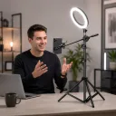Photo 2 — Tripod H13 with ring LED light, phone holder and extendable boom arm for photo, video and streaming