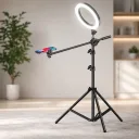 Photo 3 — Tripod H13 with ring LED light, phone holder and extendable boom arm for photo, video and streaming