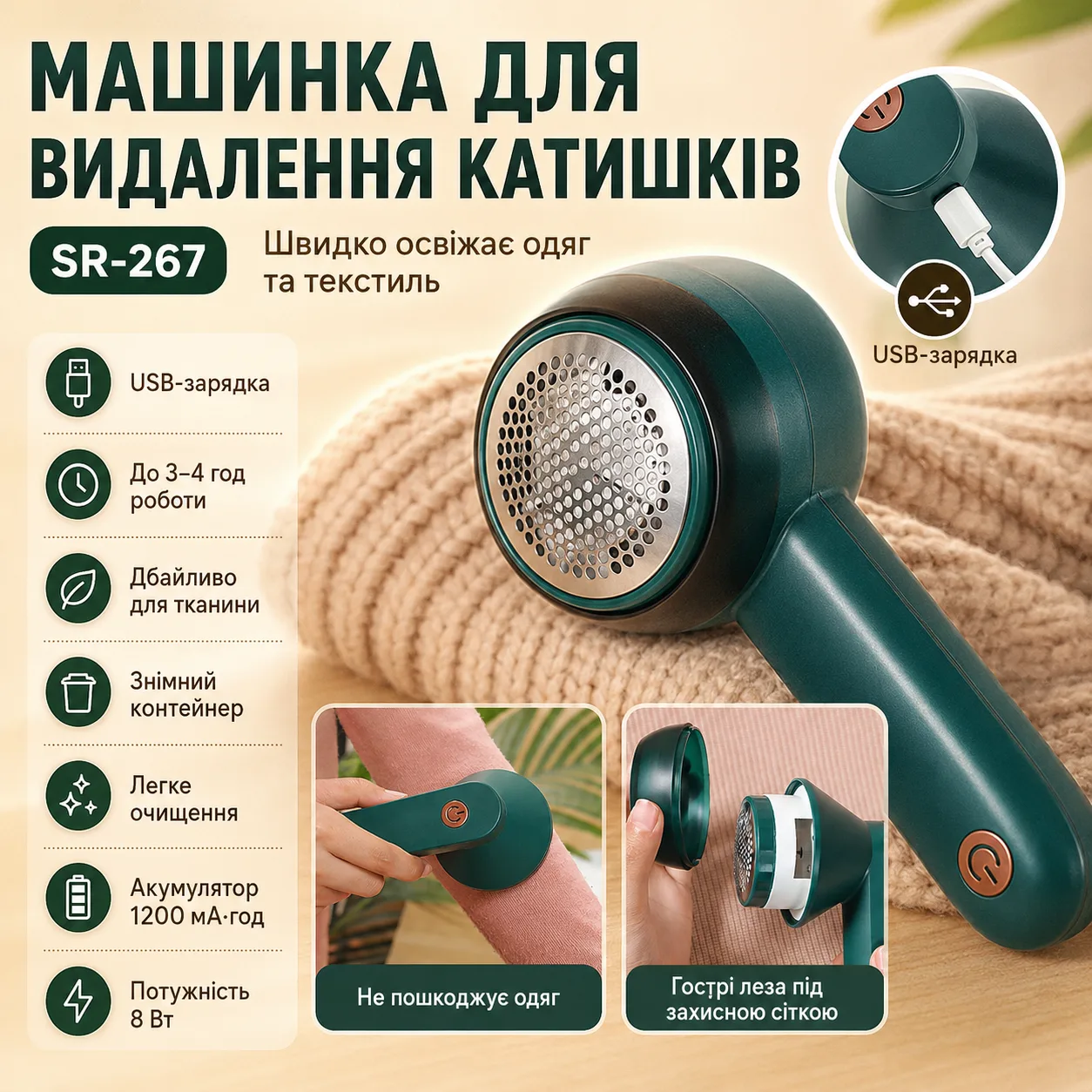 Машинка для видалення котишків на акумуляторі, 1200мАч, USB, SR-267, Зелений / Електричний тример від котишків