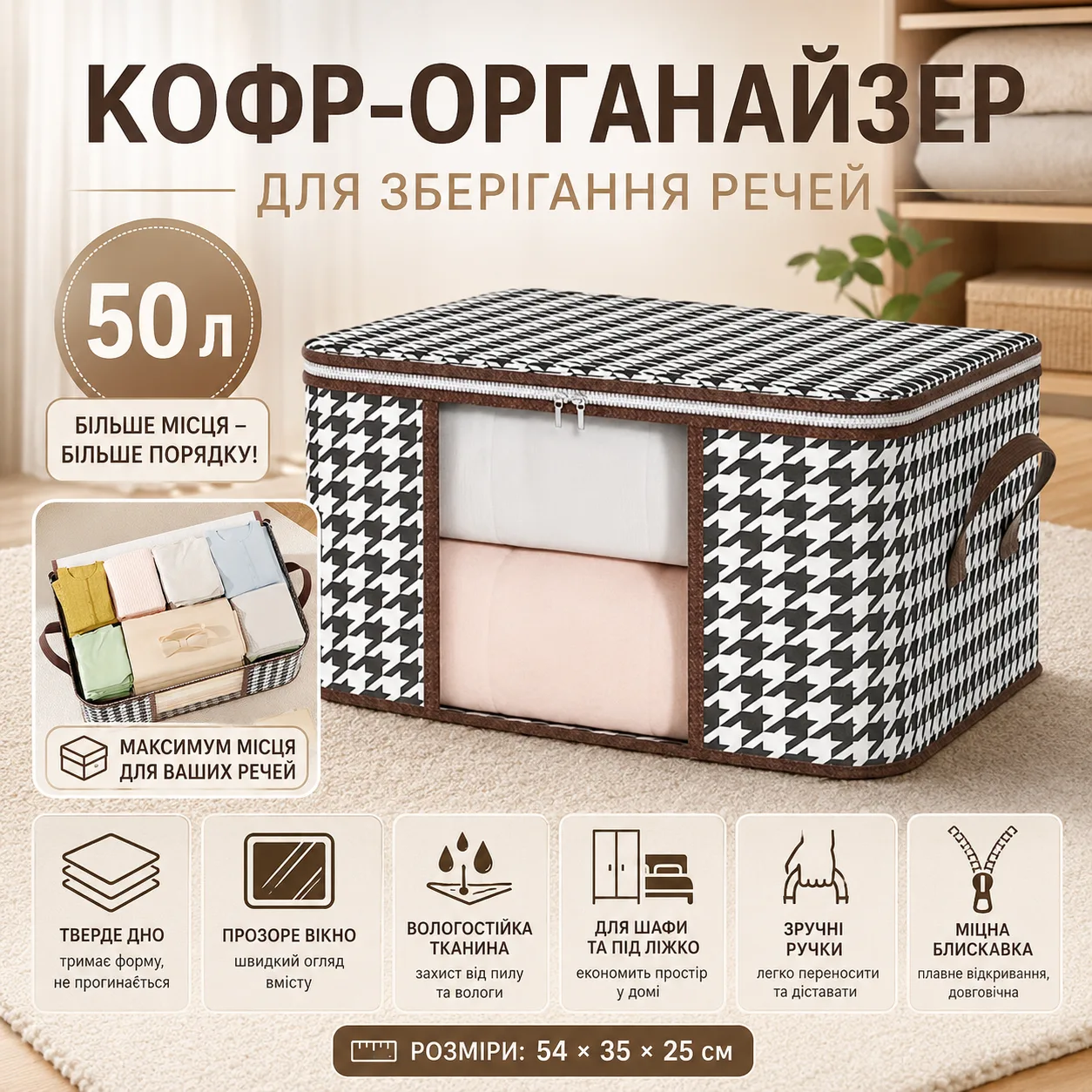 Storage bag for belongings and bedding 50 L (54x35x25 cm) BAG LY-377, Brown / Organizer for blankets and pillows