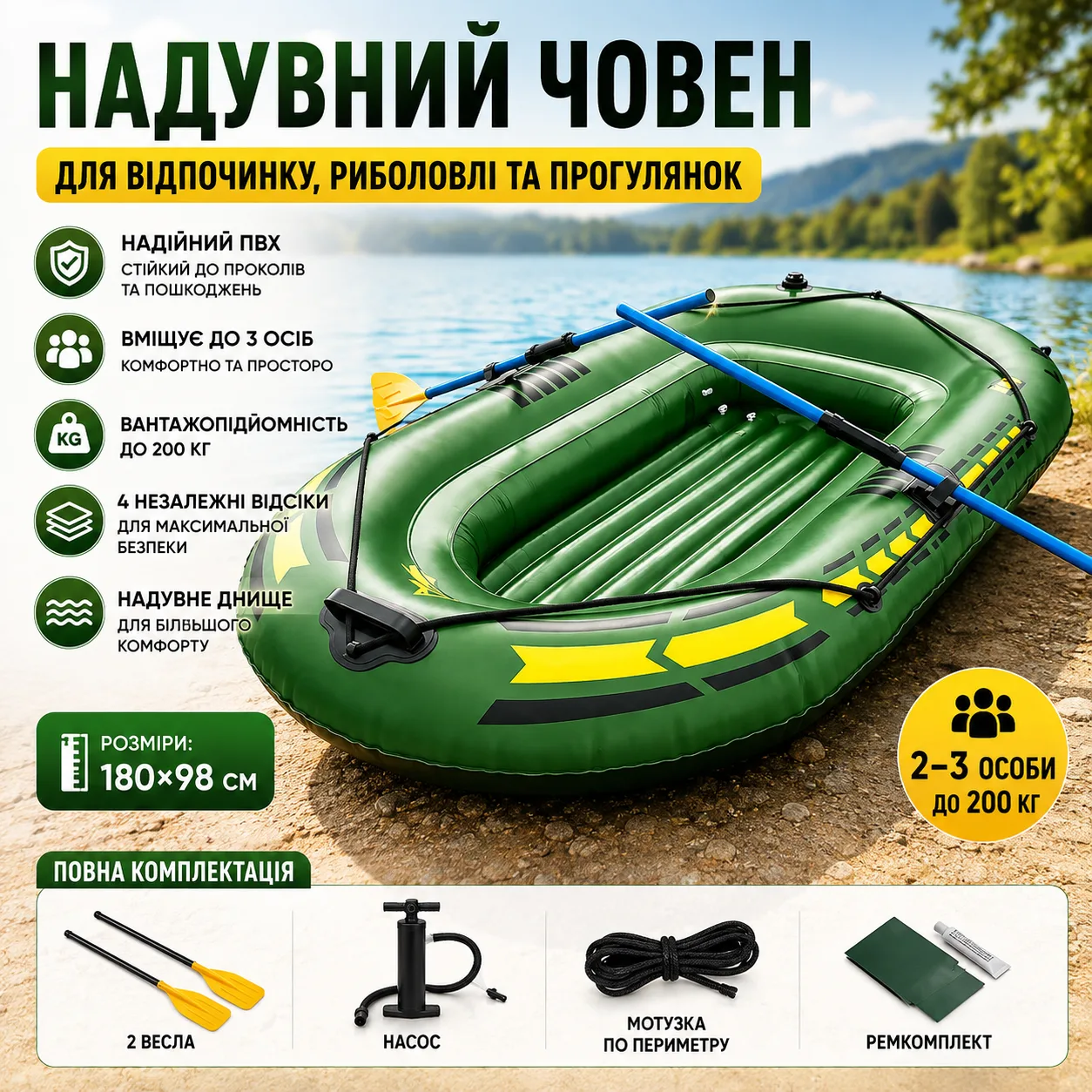 Надувний двомісний човен JR-2200 / Човен надувний 2-місний +подушка, насос, весла 180/98см