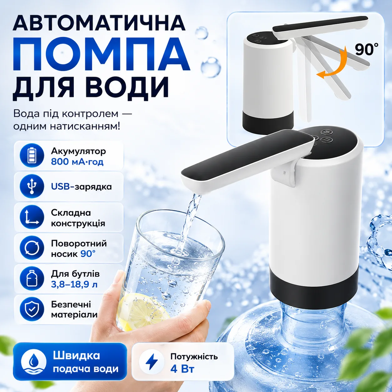 Автоматична помпа для води, 3 режими, Чорно-біла / Складана помпа на бутиль / Електрична помпа для води