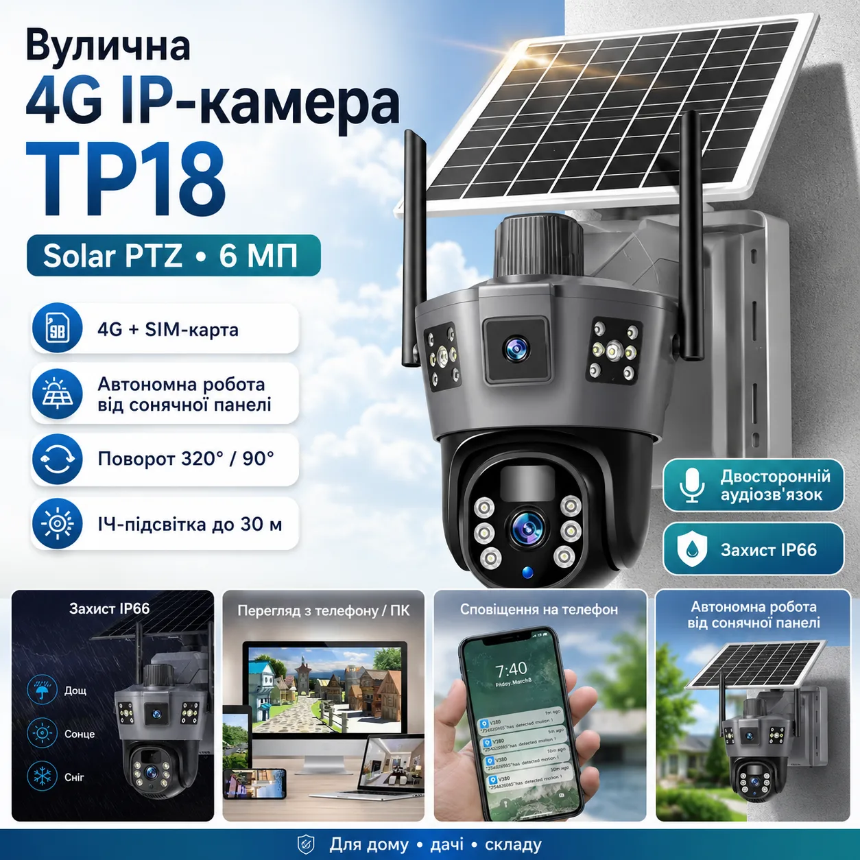 360° Вулична IP-камера TP18 4G Solar PTZ з автономним живленням та SIM-картою, 6 МП, чорна