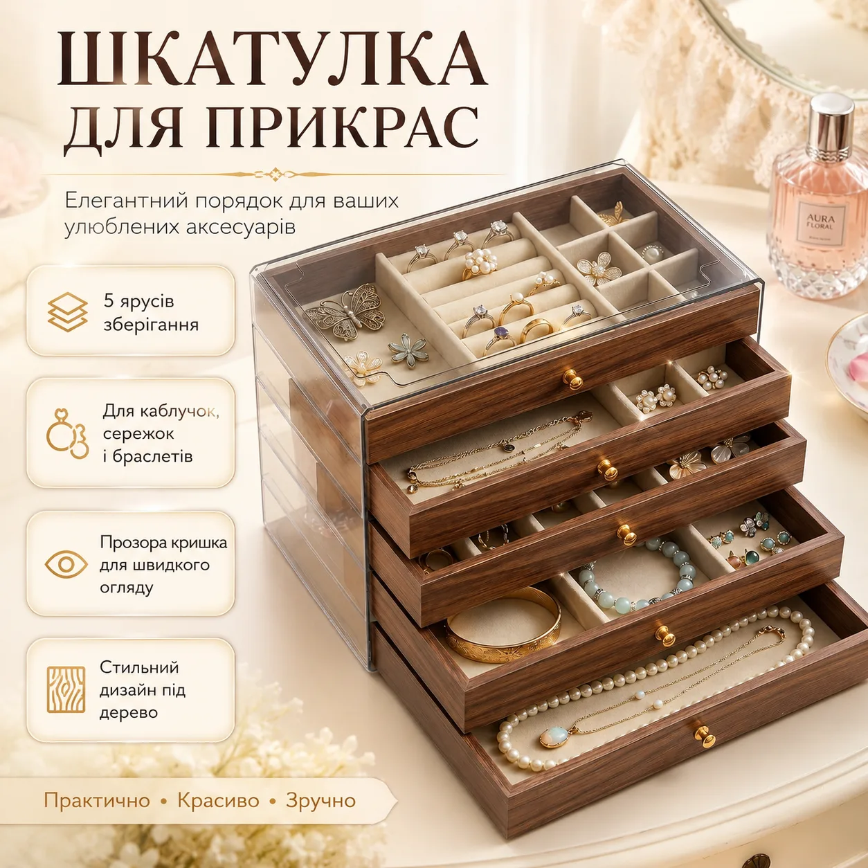 Шкатулка для зберігання прикрас XL-1833 Коричнева / Шкатулка для прикрас / Органайзер для біжутерії