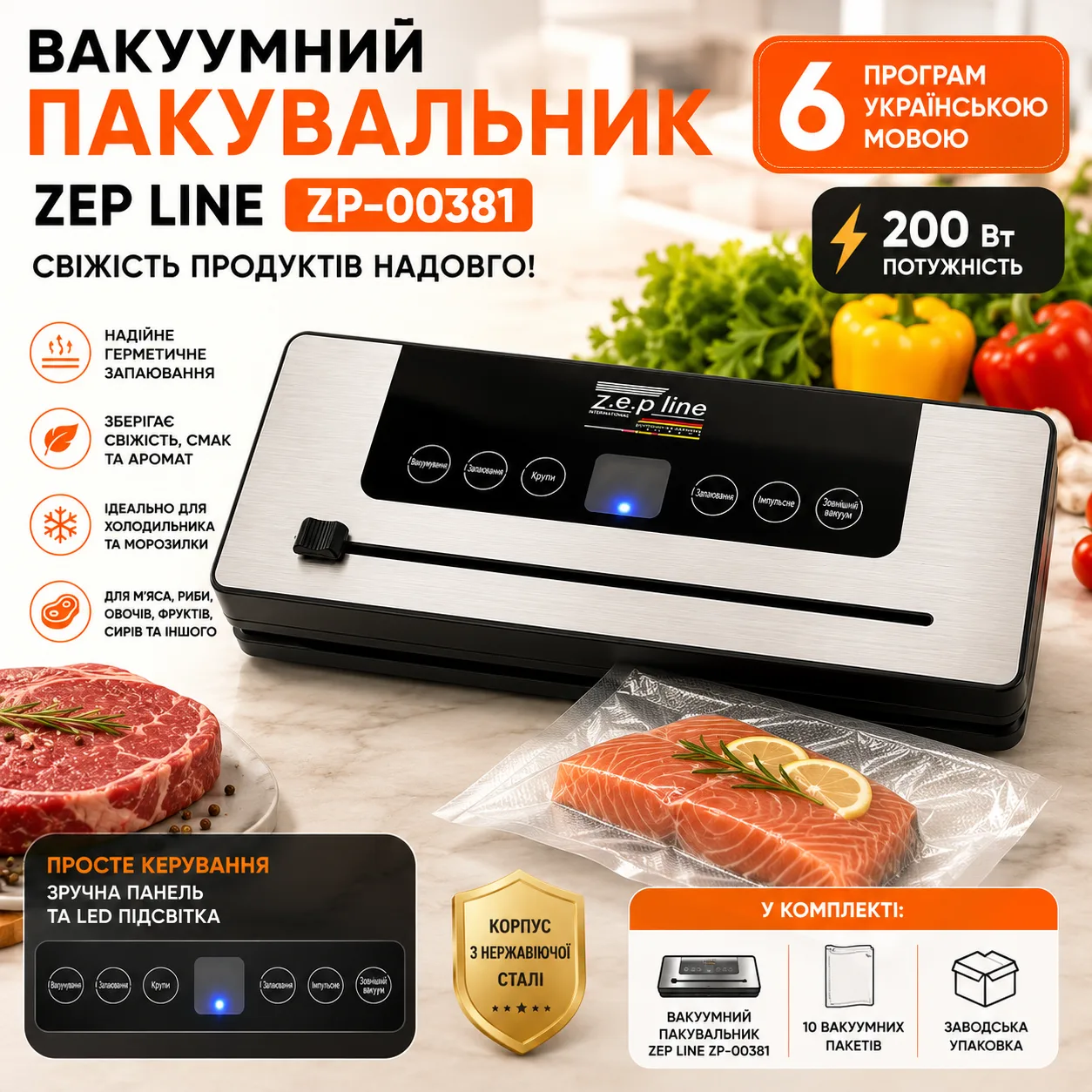 Вакуумний пакувальник Zepline ZP-00381 200 Вт з 6 програмами і LED-підсвіткою